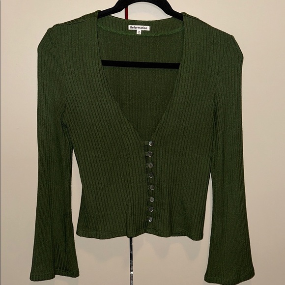 Reformation Gellar Green Ribbed Button-Up Top Size Medium - Picture 4 of 7